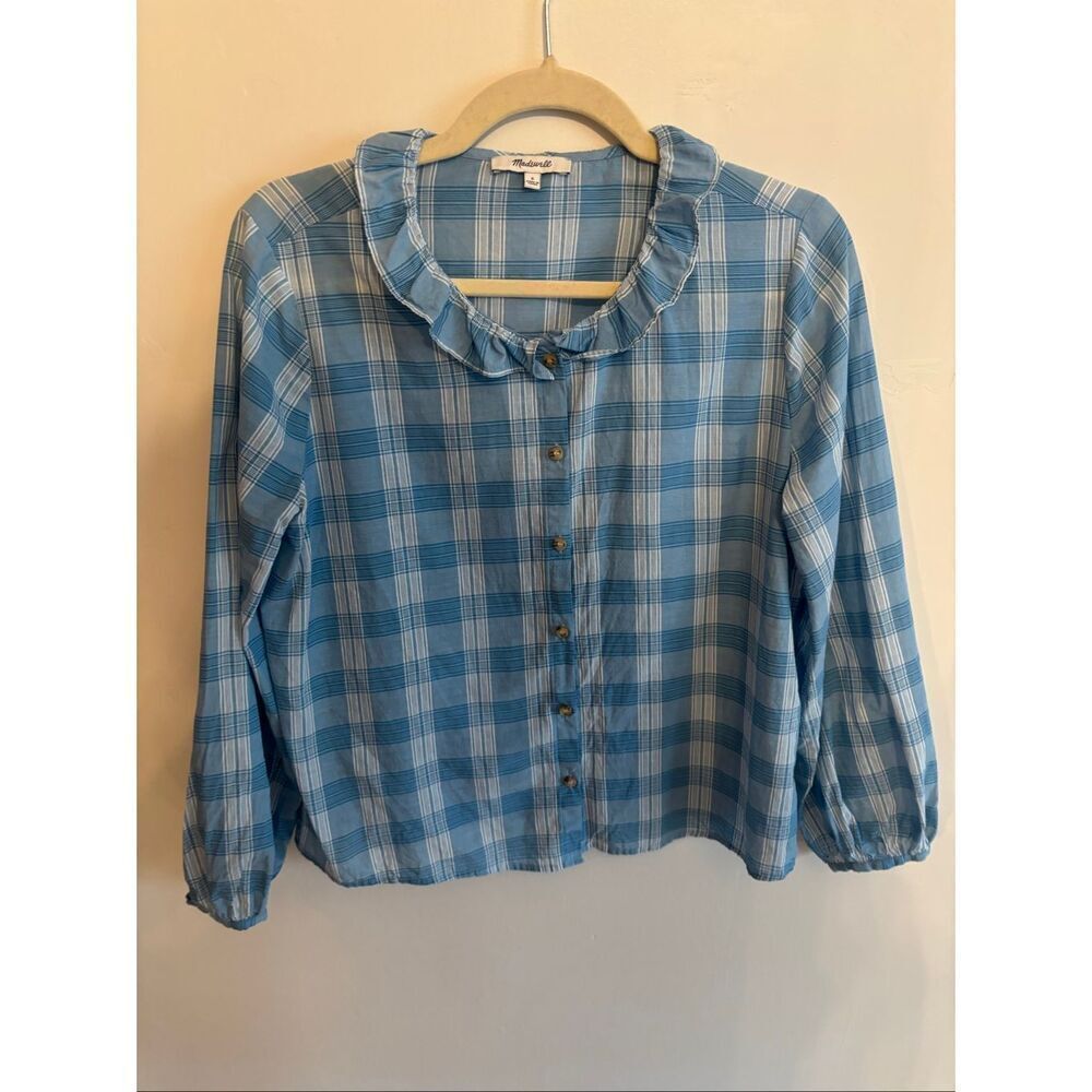 Madewell Colwell Plaid Ruffle Neck Blouse Small Blue Button Up Peasant Top Cotto - Picture 6 of 8